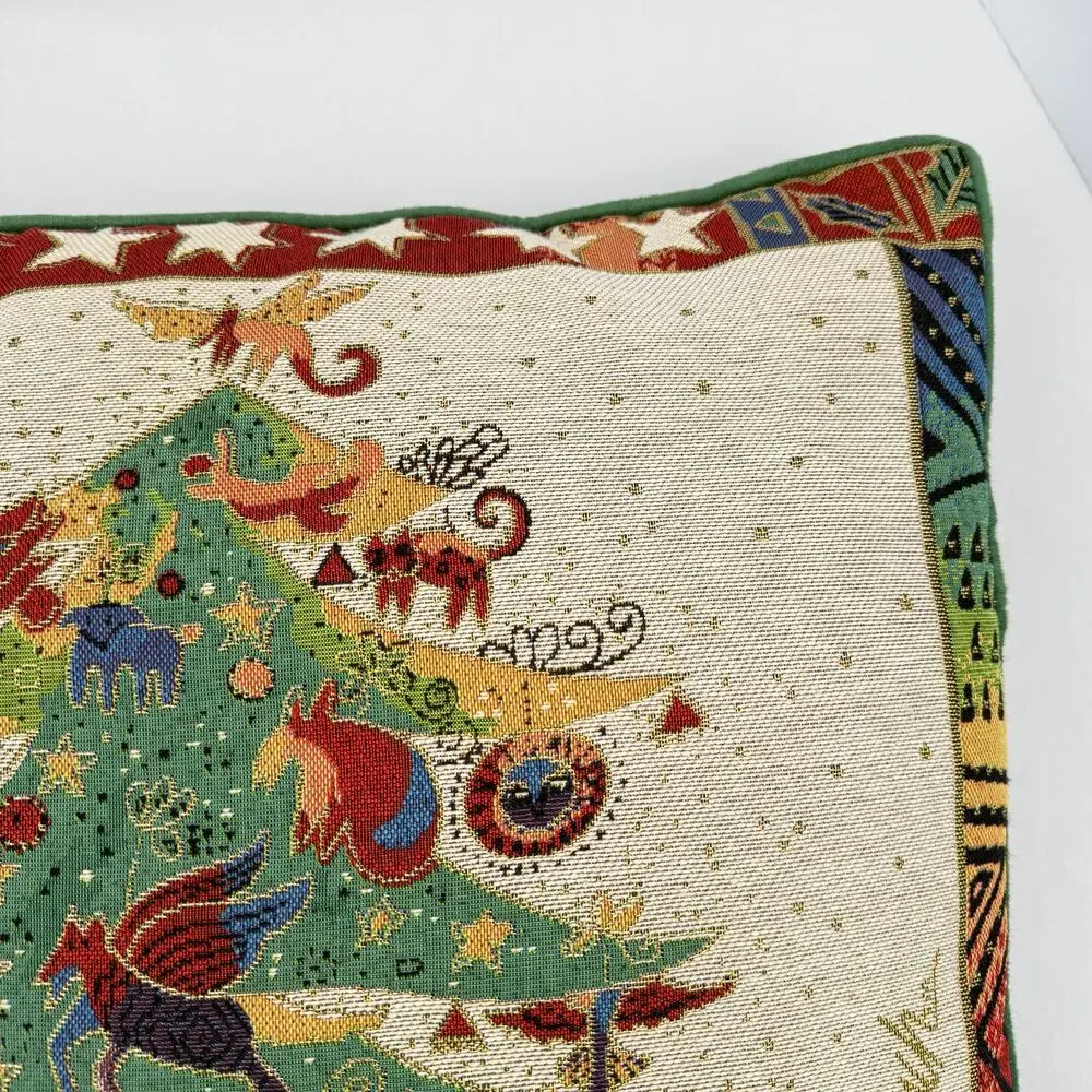 Vintage Laurel Burch Christmas Tree Pillow Holiday Folk Art 18x18 90s